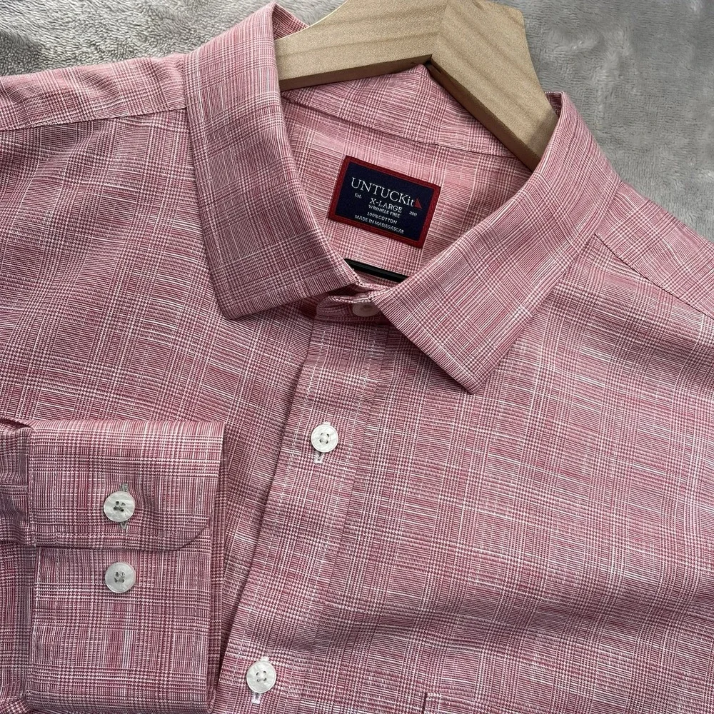 UNTUCKit Avellino WF Shirt Mens XL Pink Check Wrinkle Free Button Long Sleeve